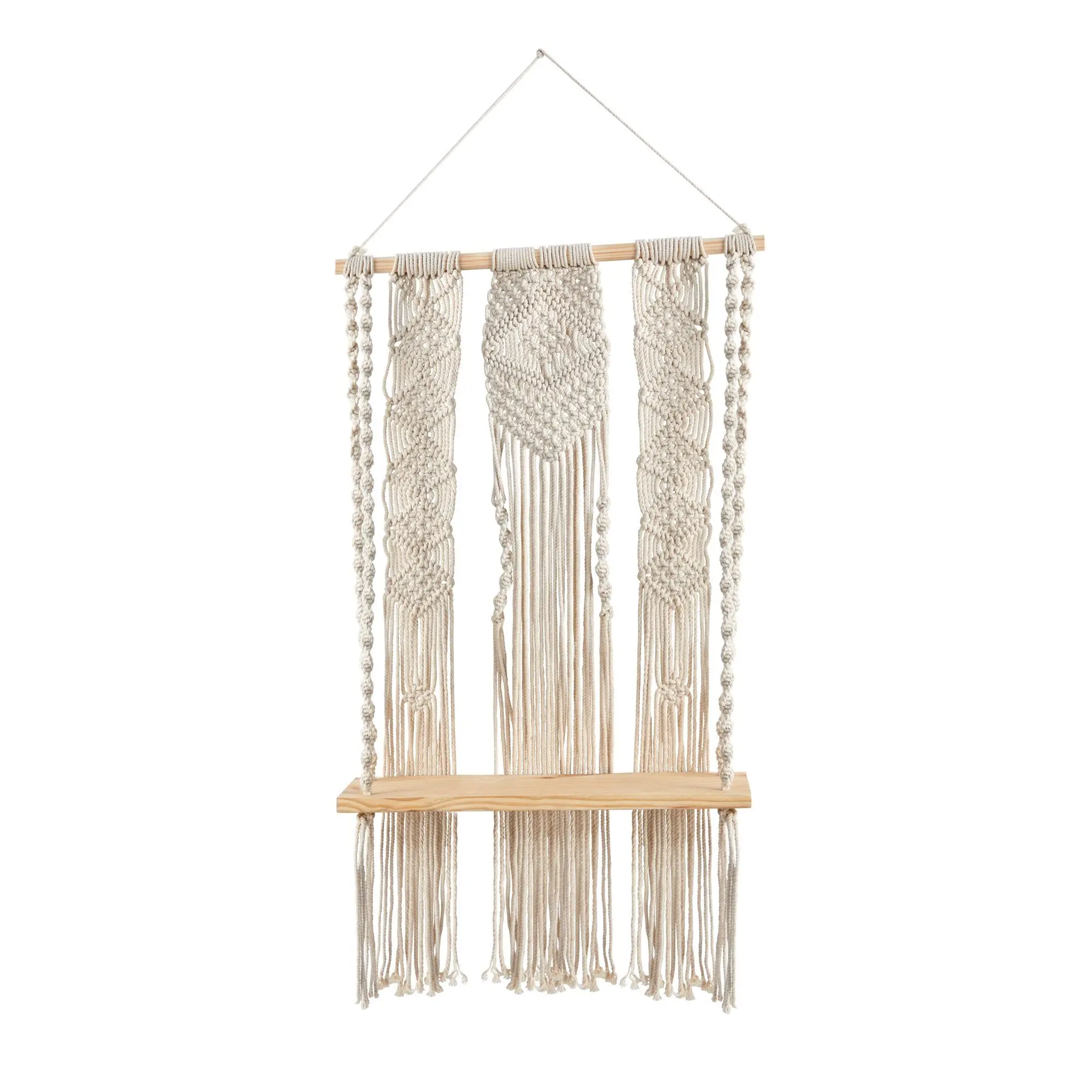 Finished Woven Handmade Layered Macrame Wall Hanging with Wooden Hanging Floating Shelf - 2.5'x1.5' Wall Tapestry, Boho Dreams Tassel Decor for Home Room, Home Supplies Hooks & Shelves (Includes Hooks), Room Decor