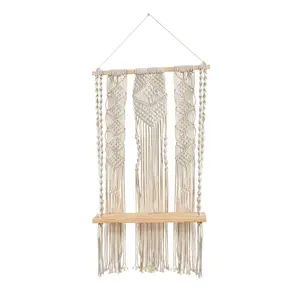 2.5’ x 1.5’ Layered Macrame Wall Hanging with Wooden Shelf