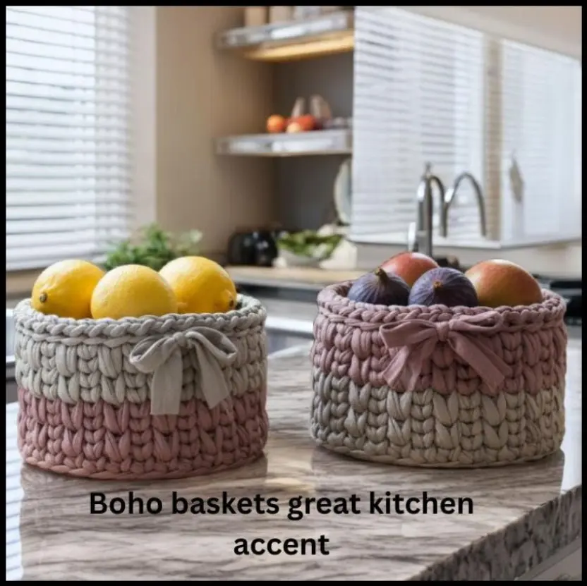 Crocheted T-Shirt Yarn Baskets 5 x 5 Set of two