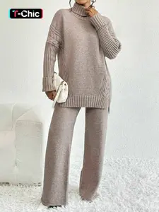 Women's Textured Split High Low Hem Long Sleeve Sweater & Wide Leg Knitting Pants, Casual Fashion Cozy Turtle Neck Jumper & Trousers for Daily Outdoor Wear, Women's Knitwear for Fall & Winter, Womenswear, Turtleneck, Clothes