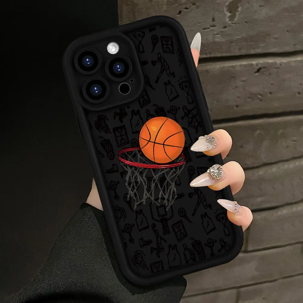 Black Basketball Pattern Smartphone Case for iPhone 17 Pro Max,16,16e,15,14 Plus,13,12 Mini,11,Air,X,XS - 2D Printed Soft TPU Rubber Casing, Rugged Handheld Cellphone Devices Camera Protection Cover Gift