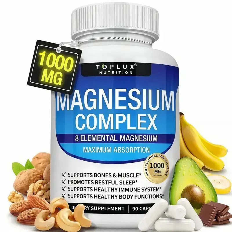 Magnesio Complexfor Women,8 in 1 Elemental MagnesiumComplex,1000mg 90 Capsules Health foodGlycinateCitrate,Malate for Easy Absorption, SupportsRelaxation,Sleep, Muscle Function & Bone HealthComfortable