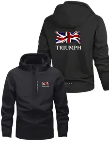 Men's Triumph Hooded Jacket Zipper Coat, Letter Design, Polyester, Casual Loose Fit Outerwear