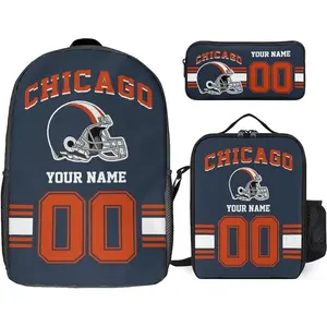 Custom Chicago Backpack with Lunch Bag Pencil Case, Personalized Name and Number Backpacks Pencil Box Lunch Bags, Customize 3pcs Set Gifts for Men Women Fans