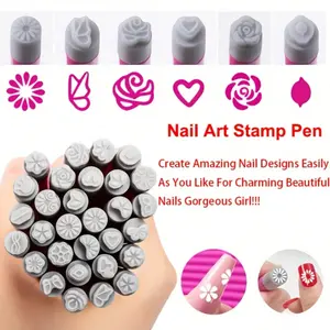 Professional Nail Art Stamp Pen Set with Dotting Tools & Flower Patterns - Hypoallergenic Nail Stamping Kit for Sensitive Beige, DIY Manicure/Pedicure, Salon-Quality Nail Designs (Hearts, Flowers, Leopard) - No-Mix Nail Art Accessories