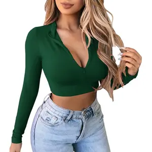Women's Long Sleeve Quarter Zip Crop Tops Fleece Lined V Neck Fitted Cropped Shirts