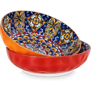 Large Serving Bowls, 78 Oz Extra Large Salad Bowls Set of 2, Bohemian Decorative Bowls for Salad, Fruit, Pasta and Dinner, Serving Dishes Set for Party, Dishwasher & Microwave Safe-Red