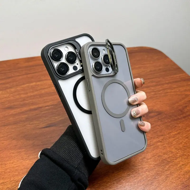 Magnetic Lens Metal Ring Stand Transparent MagSafe Casing For iPhone 11-16 Pro Max, Smartphone Cellphone Handheld Devices Cover With Lens Glass Film Protection, Accessories