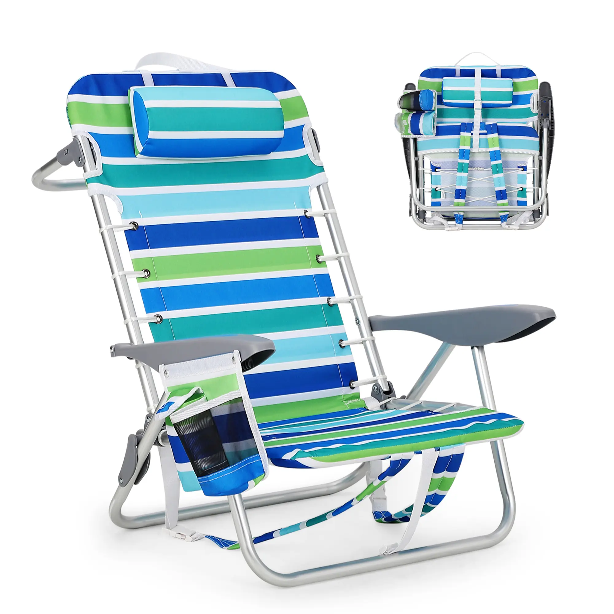Lightweight and portable adult folding beach chair -5 sleeper positions - low 9-inch seat - lace up suspension - hands-free carrying - built-in phone bag, cup holder, towel rack - perfect for camping, beach, outdoor furniture