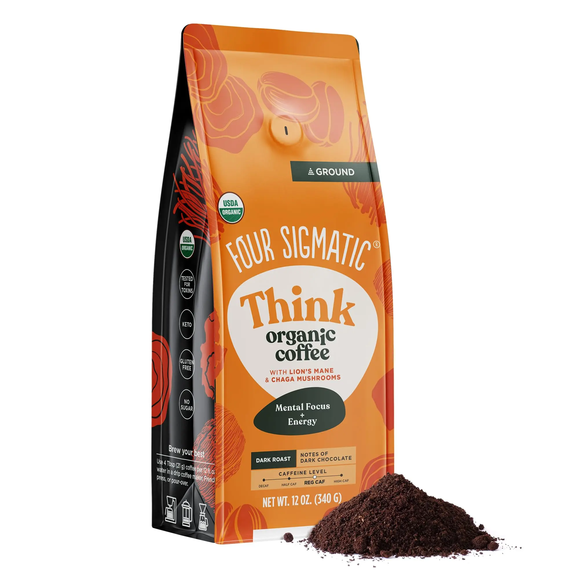 Organic Mushroom Ground Coffee  | Dark Roast, Fair Trade Gourmet Coffee with Lion's Mane, Chaga & Mushroom Powder | Immune Boosting Coffee for Focus & Immune Support | 12oz Bag Beverage Natural