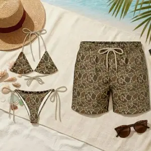 Couple Swimwear Camo Print, His and Hers Camouflage Bathing Suit, Honeymoon Swimsuits, Camo Bikini and Men's Swim Trunks Set S3E