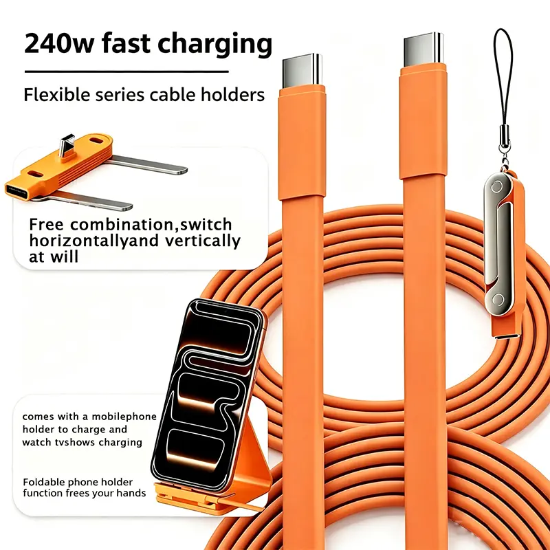 Invisible Stand Type-C Charger Cable - 240W Super Fast Charging 2-in-1 Electronic Cord with Cellphone Holder for Mobile Devices, Car Accessories, Gaming, Office