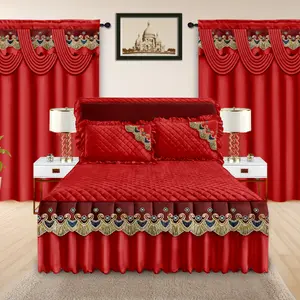 5 Piece King Size Bed Skirt Set with Curtains – Quilted Bedding Cover + 2 Pillowcases + 2 Window Panels