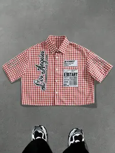 Men's Casual Plaid Letter Print Short Sleeve Loose Shirt, Summer Vacation High Street Vintage Style, Fitted Woven Fabric, Trendy Fashion Casual Collared