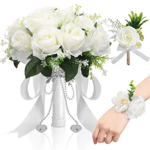 Wedding Bouquets Set of 3 for Bride Bridesmaid, White Champagne Roses Flowers for Bride Bridesmaid, for Ideal as a Toss Bouquet, The Perfect Wedding Church Decoration Valentine's Day Brides and Bridesmaids Ceremonies