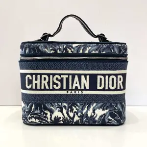 Pre-owned DIOR Christian Limited Edition Jungle World Makeup Bag Navy Blue & White Design with Logo