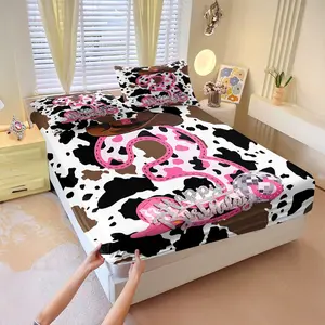 3Pcs Cowgirl 3rd Birthday Theme Fitted Sheet Set, Western Cow Print with Pink Number 3 & Cowboy Hat Design, Soft Bedding Set, Charming Rodeo Theme for Girls Bedroom, Birthday Party Decor, Cozy & Durable All-Season. Includes 2 Pillowcases,  No Filling