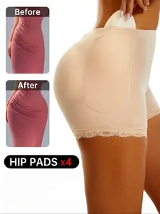 1 Count Women's Plain Contrast Lace High Waist Knit Shapewear Shorts with Hip Padding, Casual High Stretch Firm Tummy Control Butt Lift Shapewear Panties, Underwear, Womenswear, Everyday, Suitable For Daily Wear