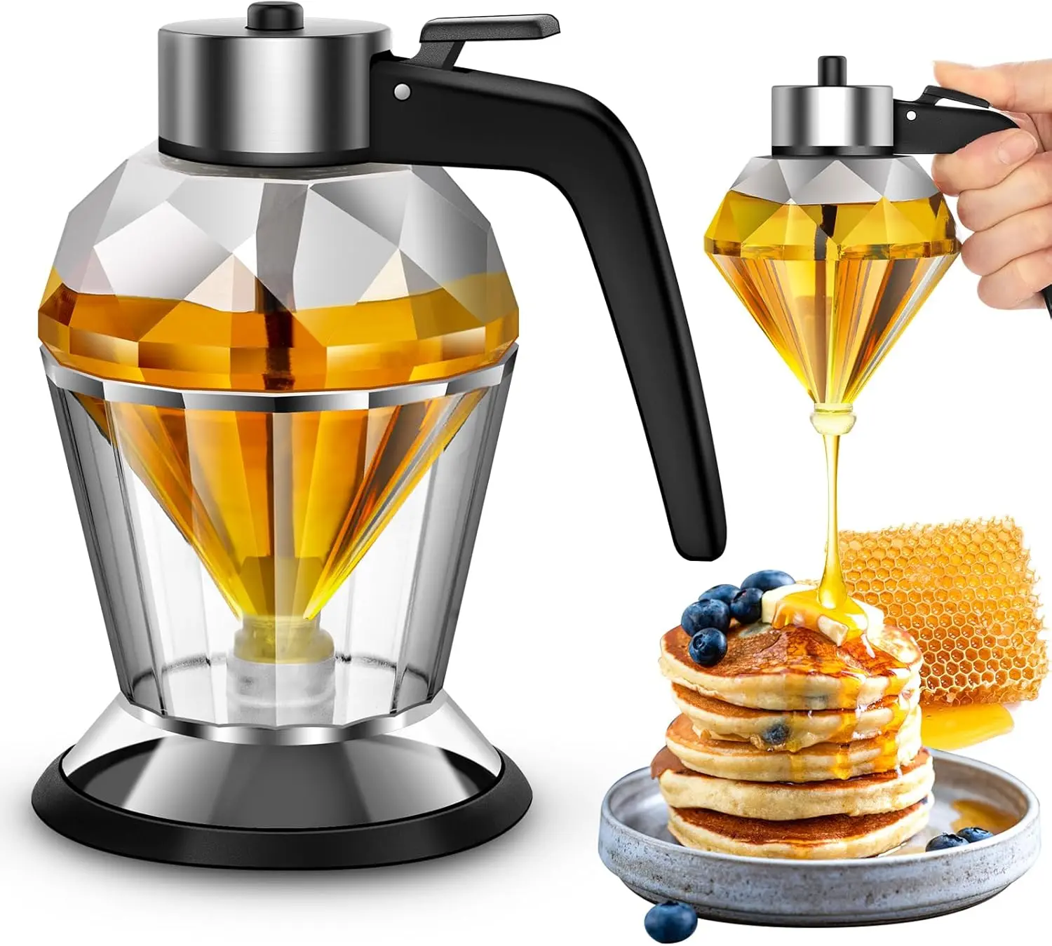 Honey Dispenser with Stand - 8 oz Clear Glass Jar with No-Drip Dipper & Flip Top Lid | Leak-Proof Kitchen Dispenser for Maple Syrup, Cooking Oil, Seasonings