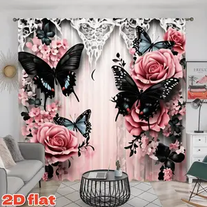 2D Flat 2Pcs Beautiful Butterfly & Rose Floral Print Curtain Panels, Pole Pocket Style, Semi Sunshade, Elegant Decorative Window Drapes for Home Living Room Bedroom Balcony Study Shower Decoration, Privacy Protection Decor .