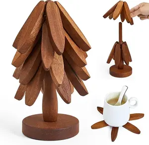 Wooden Trivets for Hot Dishes, Hot Dish Coaster with Tree-Shaped Wood Collapsible Hot Pad Trivet Tree for Restaurant, 4 Wooden Trivet + 1 Stand