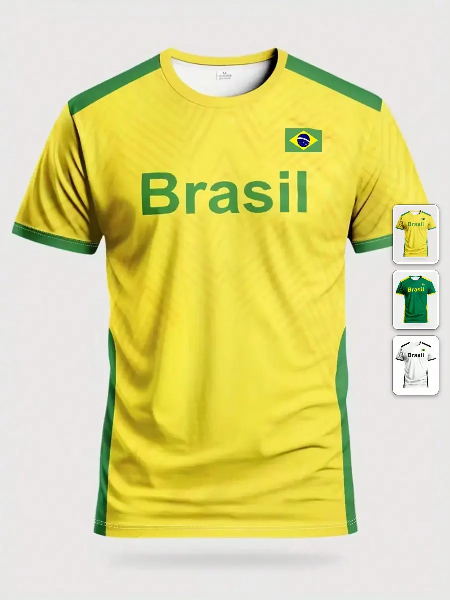 Brazil men's soccer jersey breathable crew neck game day training streetwear