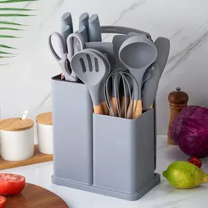 Kitchen Utensil Set - 19-Piece Dishwasher-Sa Handles fe Silicone Cookware Set, High-Temperature Scratches, Kitchen Utensil Set for Nonstick Pans, Best Kitchen Tools with Stand Ceramic Stainless Ceramic Oil Grey Steel Steel
