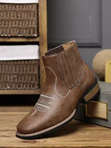 Men's Ankle Boots PU Leather Western Style Cowboy Boot Business Casual Retro Slip-On Chelsea Boot, All Season Wearable Rubber Sole Design