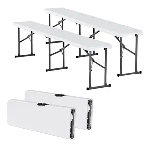 VEVOR Plastic Folding Bench, 6 ft Portable Bench for Indoor/Outdoor Picnic Party Patio Camping Dining, Foldable Smooth HDPE Seat for Garden Soccer Multipurpose Entertaining Activities, 2 Pack, White