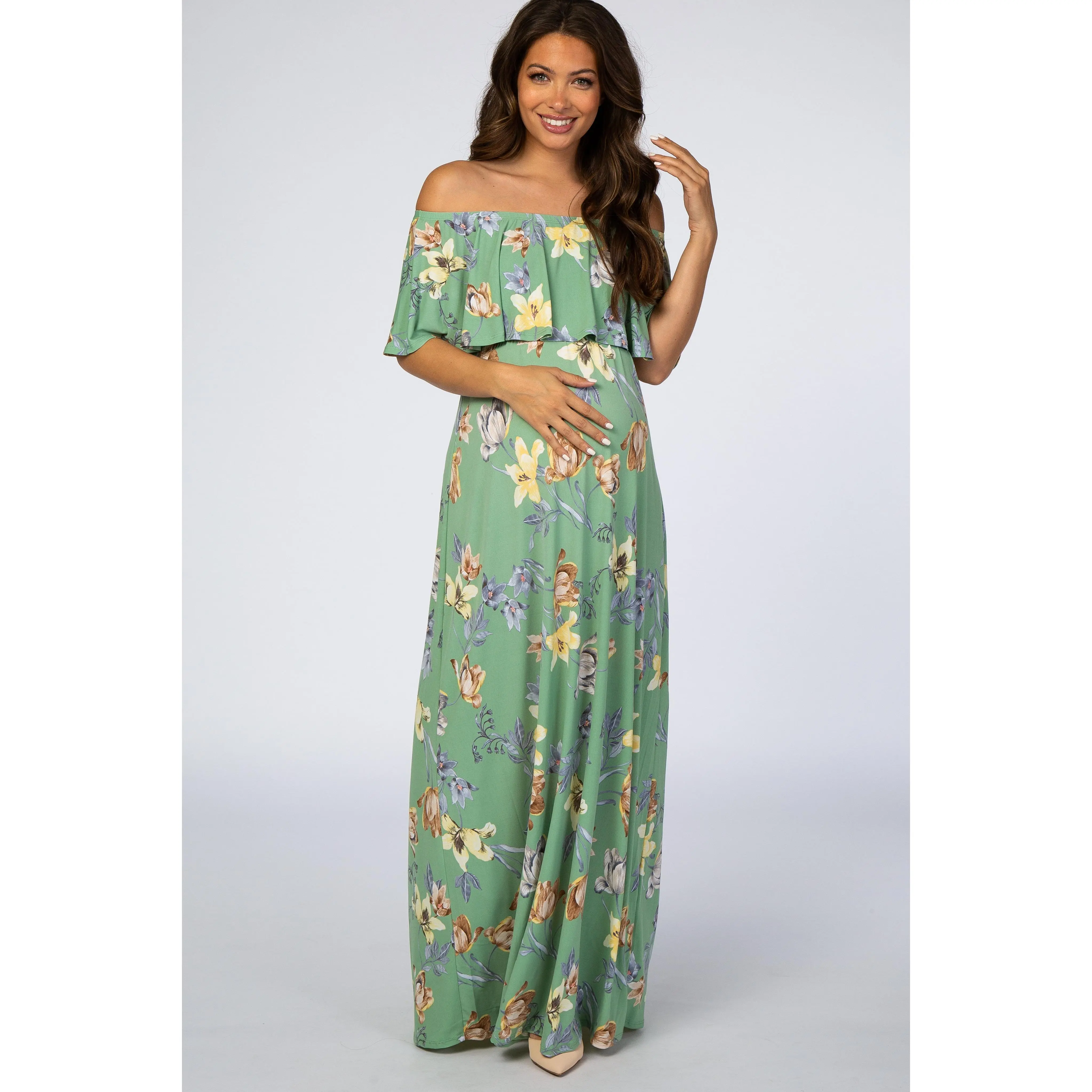 Maternity Maxi Dress in Sage Green, Floral Off-Shoulder Gown for Baby Showers and Photoshoots, Maternity Dresses, Floral Maternity Clothing & Accessories