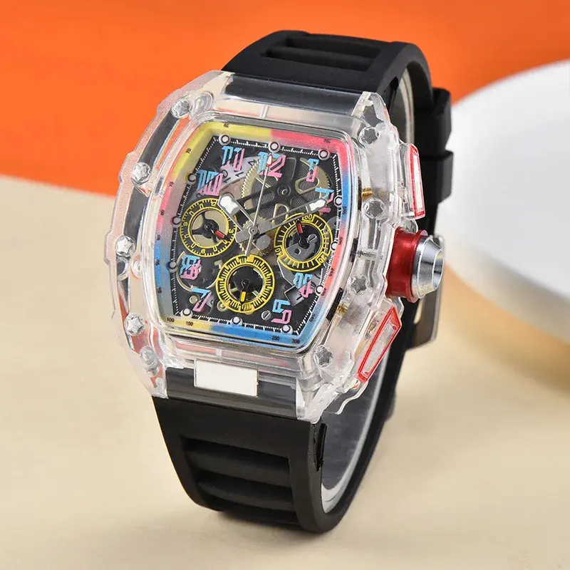 2025 new high-value fashion trend quartz watch men's transparent colorful wine barrel-shaped men's watch spot