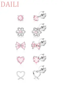 5 Pairs Cute Spiral Heart-Shaped Earrings Set for Ladies, Lightweight Hypoallergenic Stainless Steel Stud Earrings, Pink Bow Heart Flower Zircon Studs