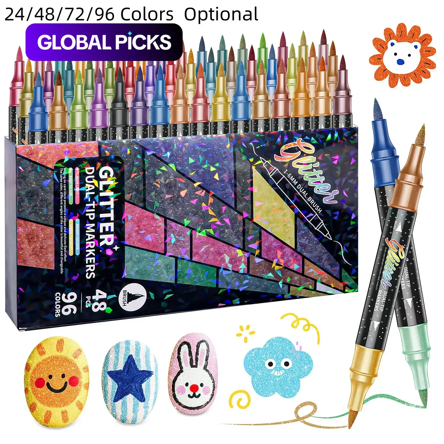 24/48/72/96/120 Colors Glitter Effect Brush Markers, Dual-Tip Dual-Color 1-5 mm Soft Brush Shimmer Marker for Doodle, Writing, Glitter Art, DIY Crafts, Greeting and Birthday Card Making #GLOBAL PICKS