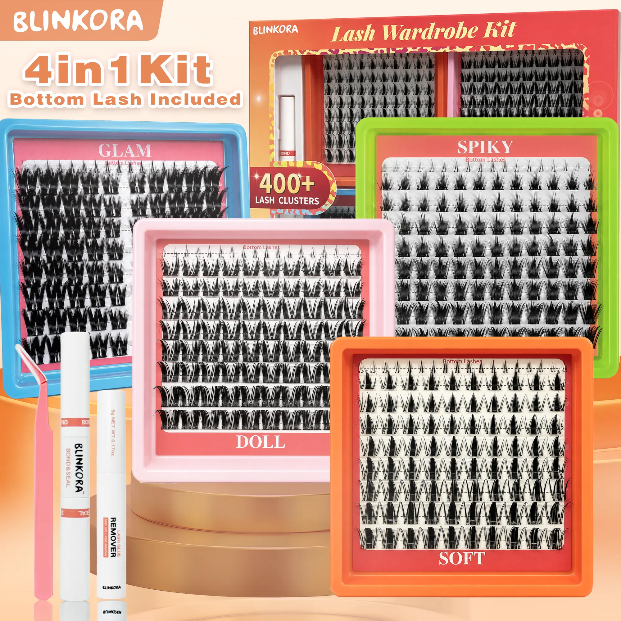 Blinkora 4 Styles Lash Cluster Wardrobe Kit, 400+ Natural Fluffy Anime Manga Fairy Spiky Lash Clusters with Bond & Seal, Bottom Lashes Included, Soft Glam to Spiky Glam DIY Reusable Waterproof Long Lasting, Doll Bunny Eye Look, Califonia Sunset Style
