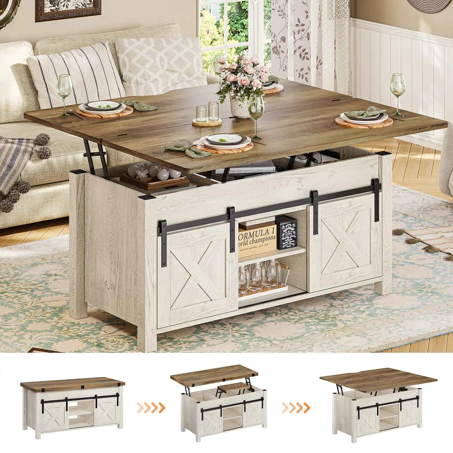 Sedeta 4-in-1 Rustic Coffee Table - Distressed Oak Farmhouse Adaptive Furniture, Lift-Top Convertible Coffee Tables with Storage Spaces, Hidden Compartment, Sturdy Legs for Home Living Room Decor