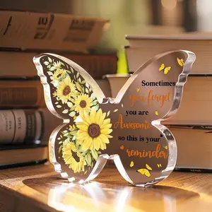 2D flat, 1 butterfly shaped acrylic plaque decoration with sunflower and inspirational message - suitable for parties and birthday events, desktop decoration, birthday gifts, Novelty Desk Decor, Home Office Decor