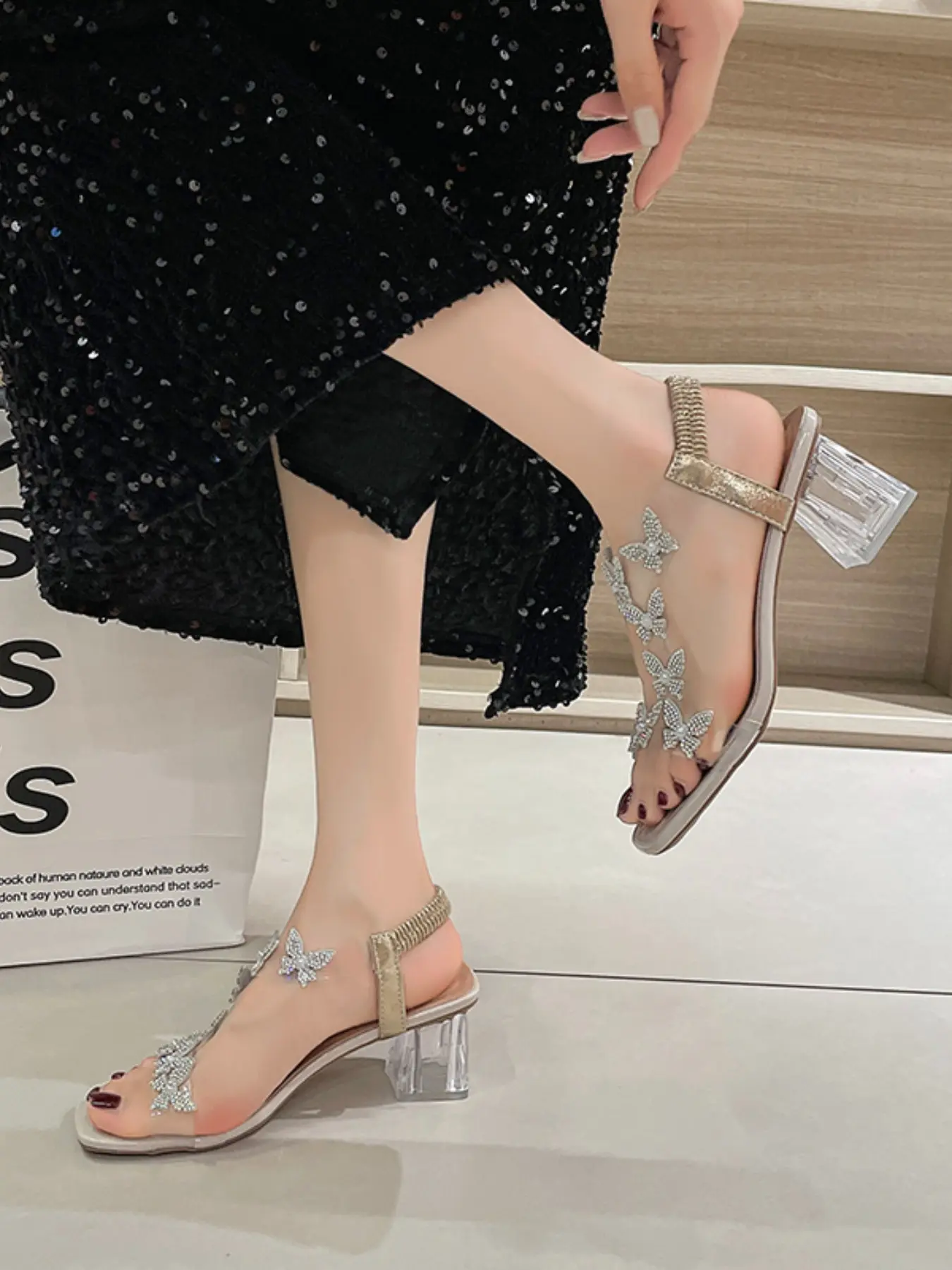 Women's Clear Butterfly Rhinestone Heels, Transparent Crystal Block Heel Rubber Sandals with Elastic Ankle Strap, Open Toe Dress Shoes for Party Wedding Summer