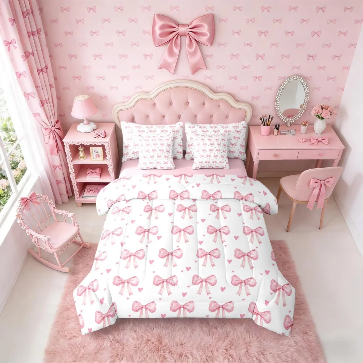 Feelyou 7-Piece Queen Bedding Set Collections - Blush Pink Bow Motif, Ultra-Soft Microfiber Sheets, Breathable Blanket, Fluffy Quilt for Teens' Kawaii Princess Room Decor, Bedding Sets Collections