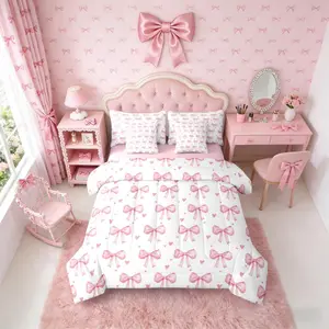 Feelyou 7-Piece Ultra-Soft Microfiber Bed Comforter Set - Blush Pink Bow Motif Bedding, Fluffy Blanket with Sheets for Teens, Kawaii Princess Room Decor