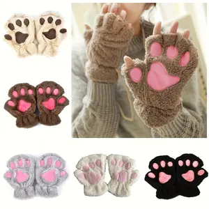 Women'S Cat Paw Design Plush Winter Gloves - Semi-Finger Warm Gloves, Fingerless, Suitable for Office, Cycling & Outdoor Activities, Soft Elastic Cuffs, Hand Washable, Cute Gray Pink, Comfortable Warm Material