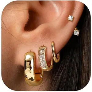 Small Chunky Gold Hoop Earrings for Women Trendy - 14K Gold Plated Huggie Hoops Earring Set Thick Silver Jewelry Hypoallergenic Earrings Stacks for Sensitive Ears