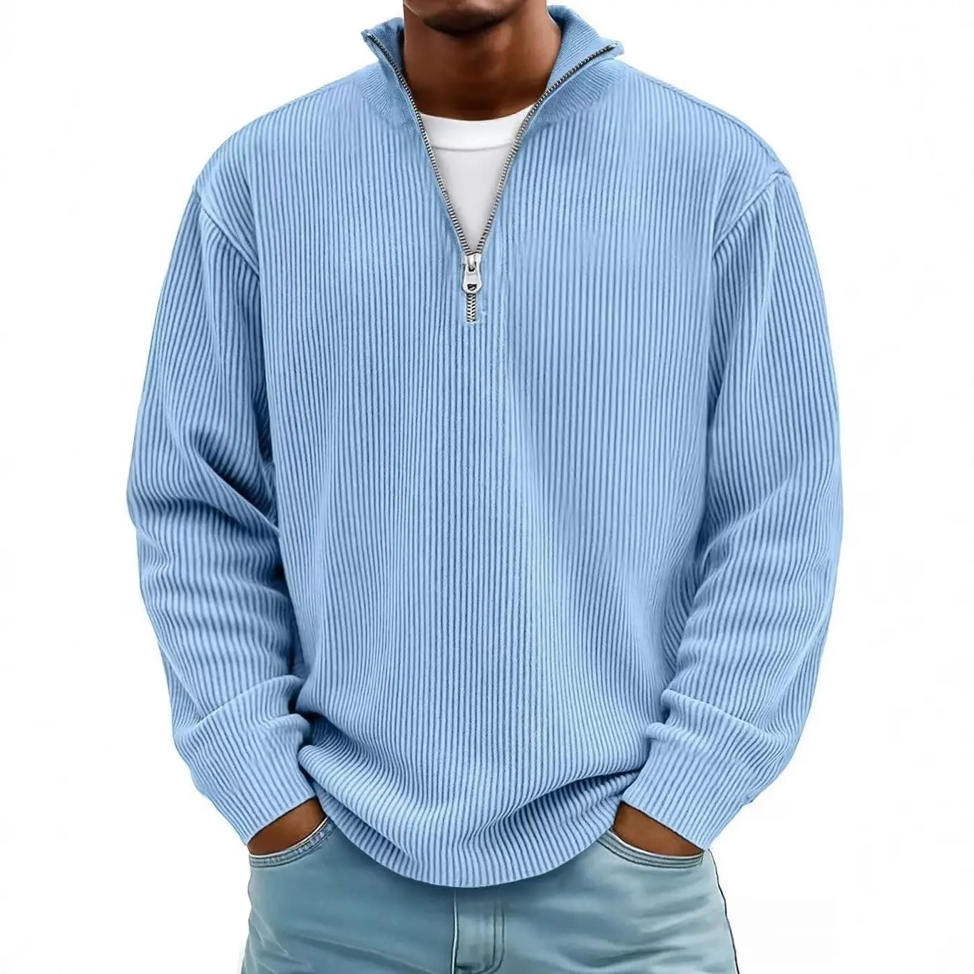 Men's Retro Corduroy Polo Shirt - Menswear Textured Tops, Long-Sleeve Half-Zip Pullover, Vertical Stripes, Drop Shoulders, Relaxed Fit, Polyester Fabric, Casual Classic Look
