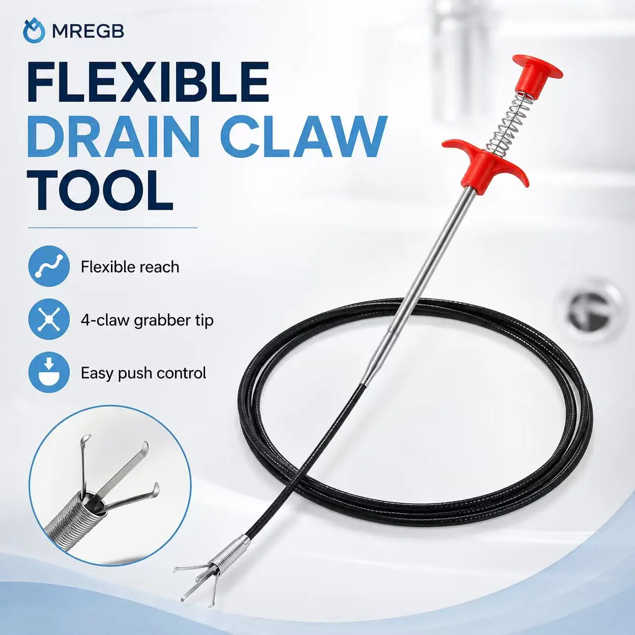 MREGB 2m Drain Clog Remover - Flexible Sewer Cleaning Snake Tool, Hair Catcher, Heavy Duty Plumbing Unclogger for Kitchen Sink, Toilet, Bathtub Pipes (1 Count Home Essential)