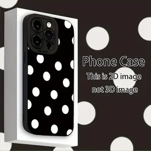 A matte phone case with black and white polka dot design, featuring UV printing and 360-degree full protection, compatible with iPhone 16, 11, 12, 13, 14, 15 Pro Max, XR, X/XS, 7, 8 Plus, SE, and Mini models
