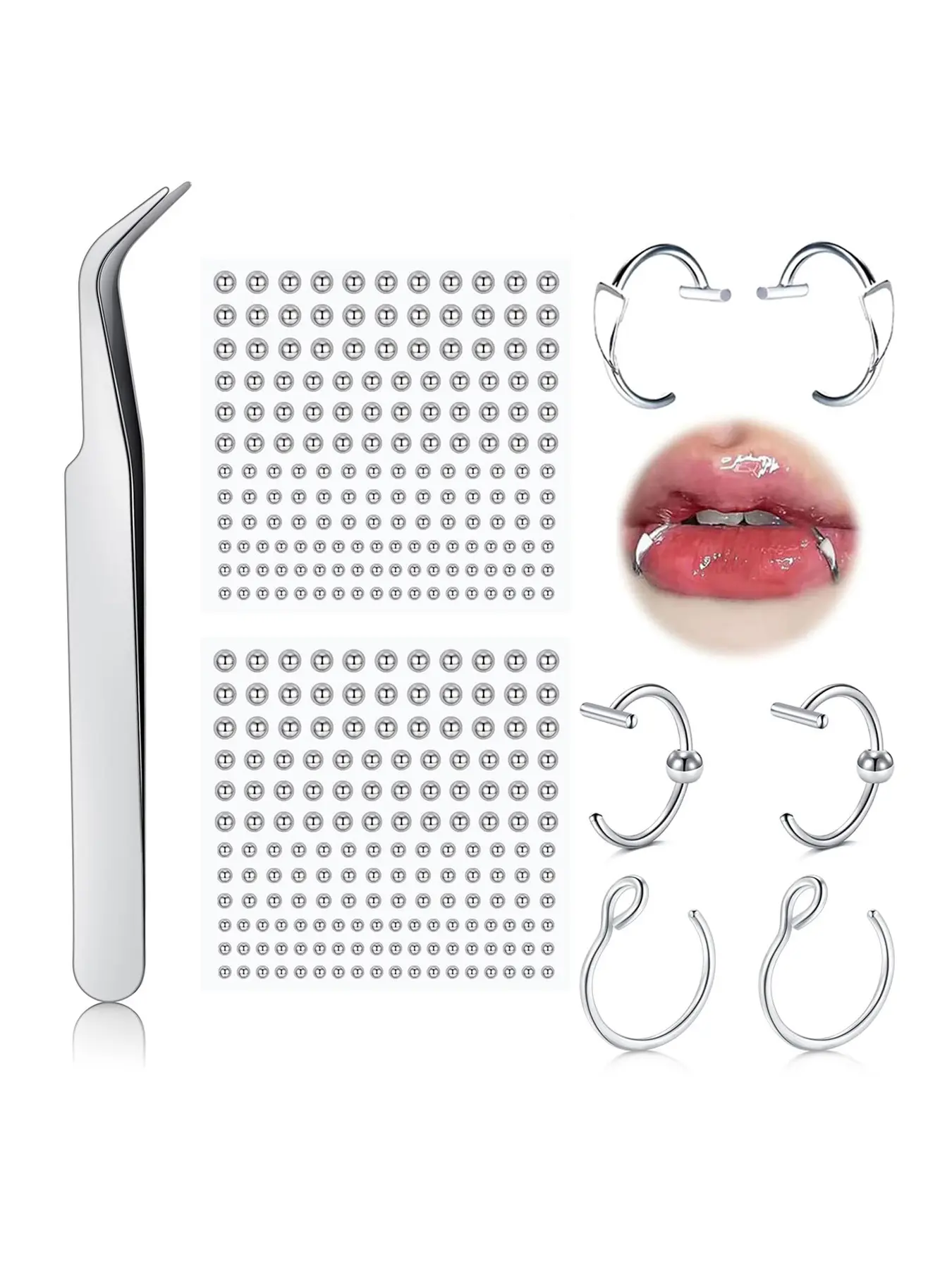 Fake Lip Ring Cuffs Fake Nose Face Dermal Piercing Silver Clip on Vampire Teeth Fangs Faux Snake Bites Clip Nose Ring Hoops non Piercing Stick on Stud Jewelry Body Jewelry for Halloween Jewelry Women Men Teeth Grills Teeth Grillz Body Jewellery