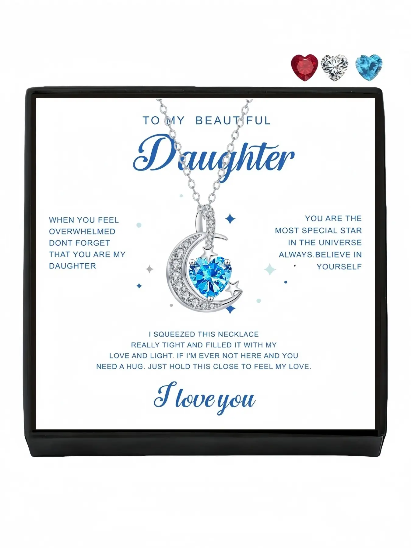 Blue Heart & Moon Stars Original niche premium full-diamond moon gem necklace Heart Shape Pendant.Comes with a greeting card for daughter.Perfect mysterious gift for festivals and birthday gift for daughter.