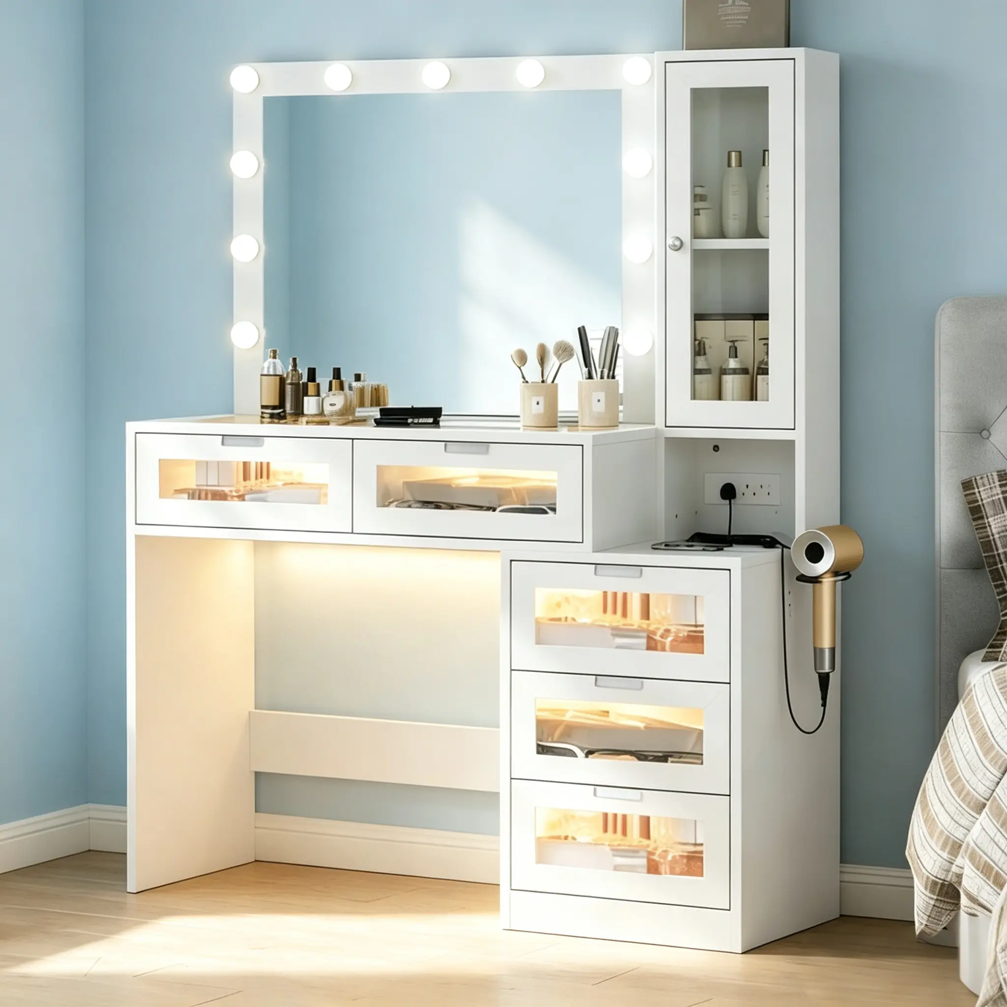 CollaredEagle Makeup Vanity Desk with LED Lighted Mirror, Tempered Glass Top, Side Cabinet, Power Outlet, Drawers with Lighting, White Vanity Table for Bedroom, Makeup Organizer Station, Bedroom Storage Vanity, Cosmetic Prep Table