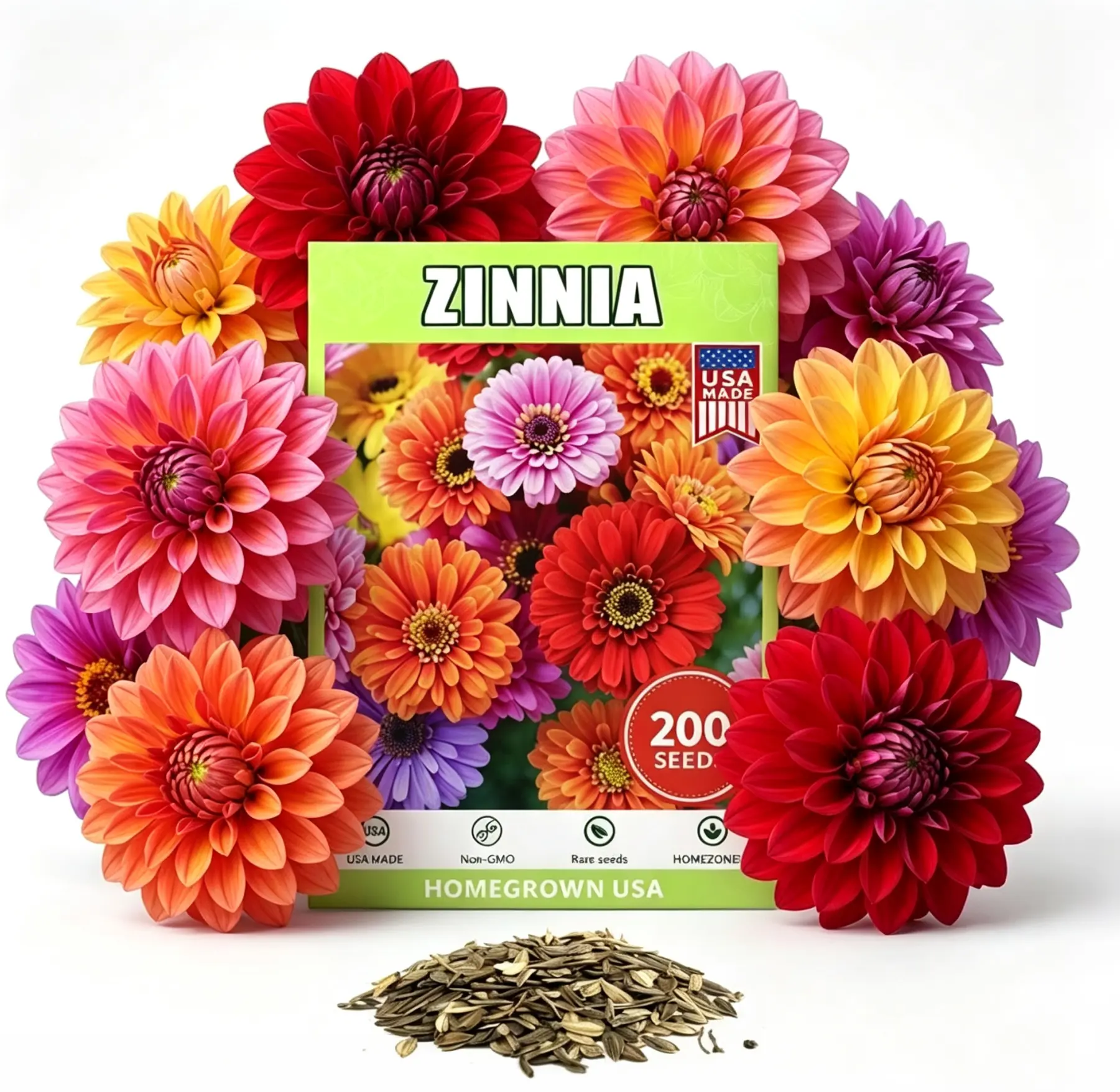Zinnia & Dahlia Seeds for Planting, Mixed Flower Seeds, 200 Seeds, Long Blooming Pollinator Flowers for Flower Beds, Patio Containers, Cottage Gardens & Backyard Landscaping, Gift for Flower Lovers