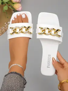 Women's Fashion Sandals, Luxury Chain Detail & Crystal Decoration, Elegant Design, High-End Leather Feel, Comfortable Flat Sole