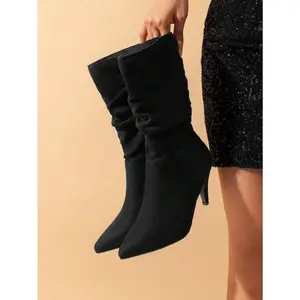 Women's Stiletto High Heel Pointed Toe Suede Mid Calf Boots For Fall/Winter, Classic Slouchy Soft Comfortable Boots
